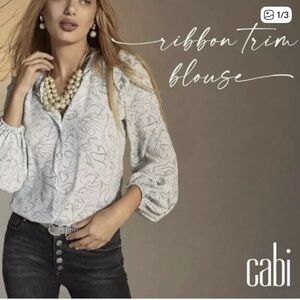 CAbi White Patterned Ribbon Blouse